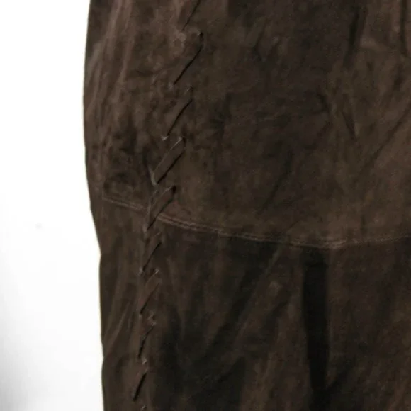 Vintage 1990s Chocolate Brown 100% Leather Sueded Skirt with Side Stitch - Picture 9 of 14